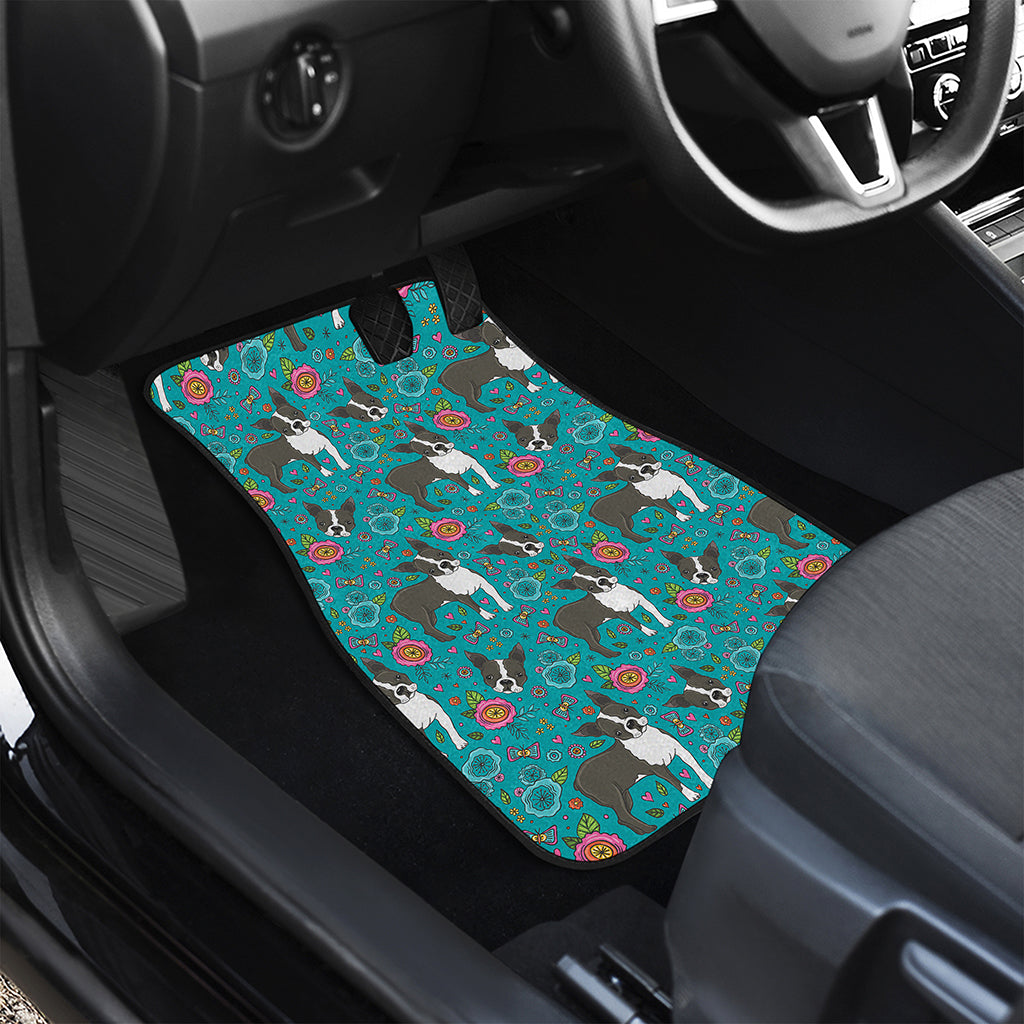 Cartoon Boston Terrier Flower Print Front and Back Car Floor Mats