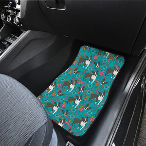 Cartoon Boston Terrier Flower Print Front and Back Car Floor Mats