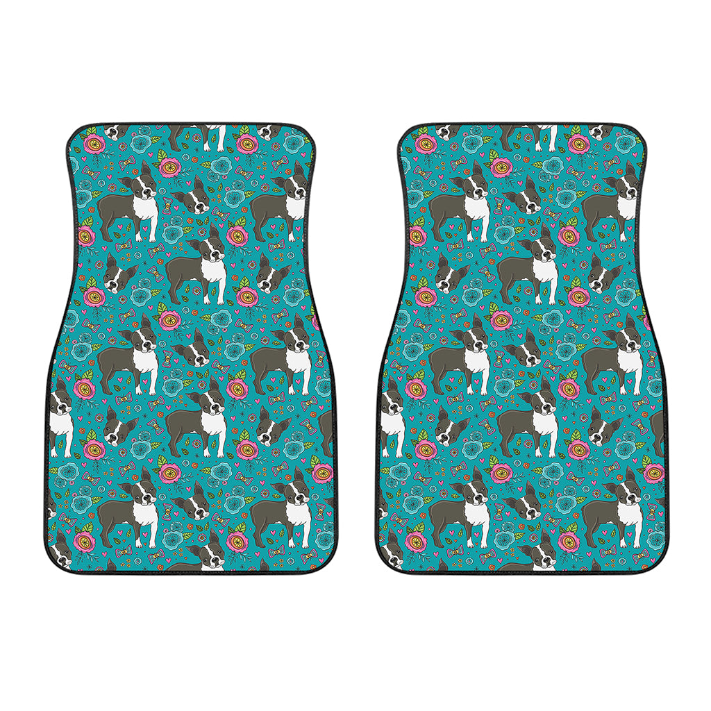 Cartoon Boston Terrier Flower Print Front Car Floor Mats