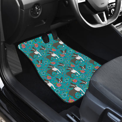 Cartoon Boston Terrier Flower Print Front Car Floor Mats