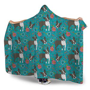 Cartoon Boston Terrier Flower Print Hooded Blanket