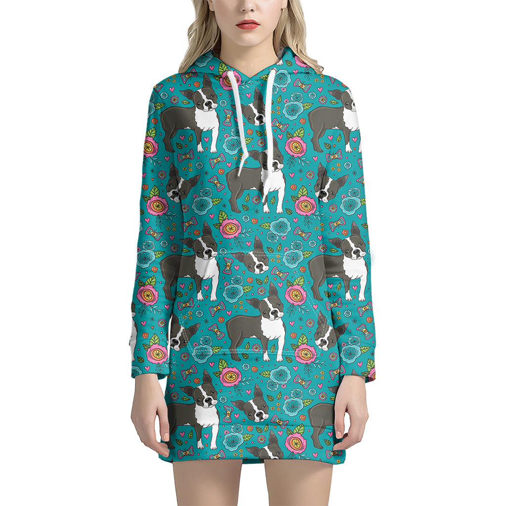 Cartoon Boston Terrier Flower Print Hoodie Dress