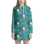 Cartoon Boston Terrier Flower Print Hoodie Dress