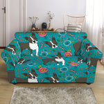 Cartoon Boston Terrier Flower Print Loveseat Slipcover