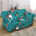 Cartoon Boston Terrier Flower Print Loveseat Slipcover