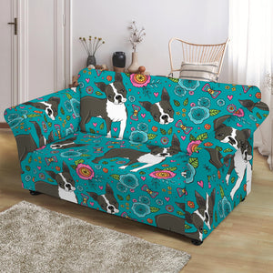 Cartoon Boston Terrier Flower Print Loveseat Slipcover