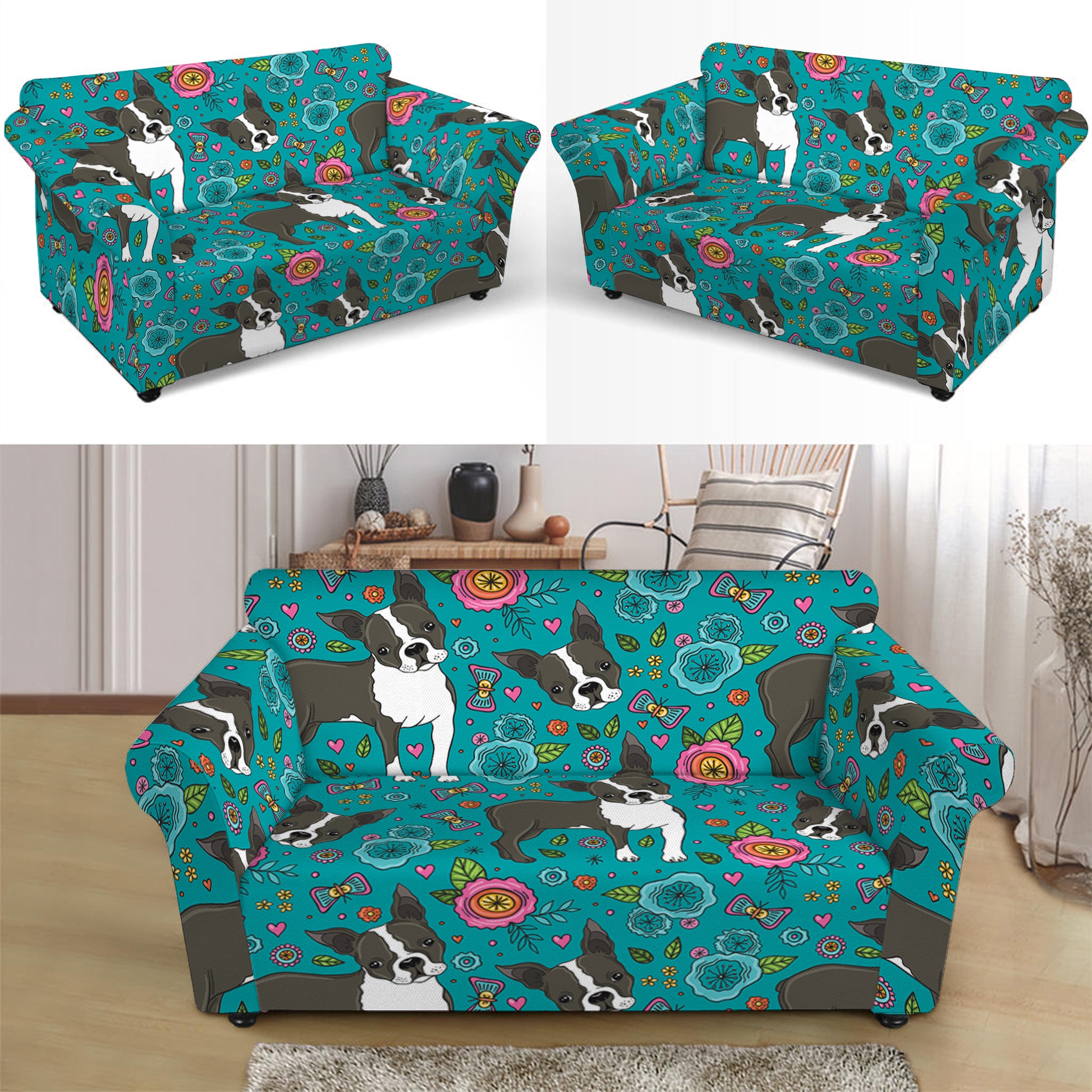 Cartoon Boston Terrier Flower Print Loveseat Slipcover