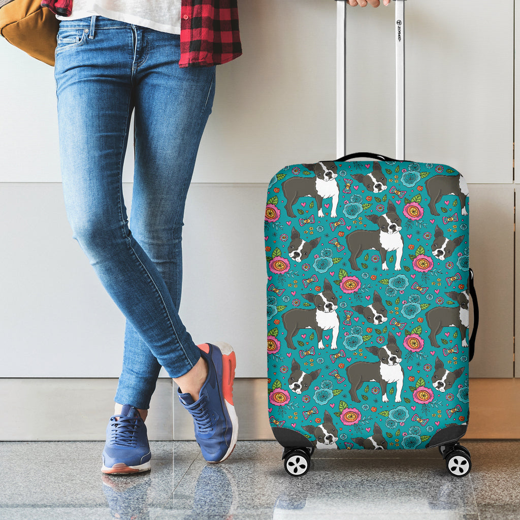 Cartoon Boston Terrier Flower Print Luggage Cover