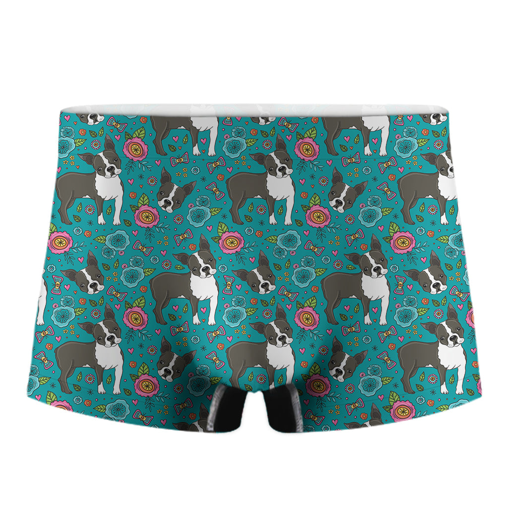 Cartoon Boston Terrier Flower Print Men's Boxer Briefs