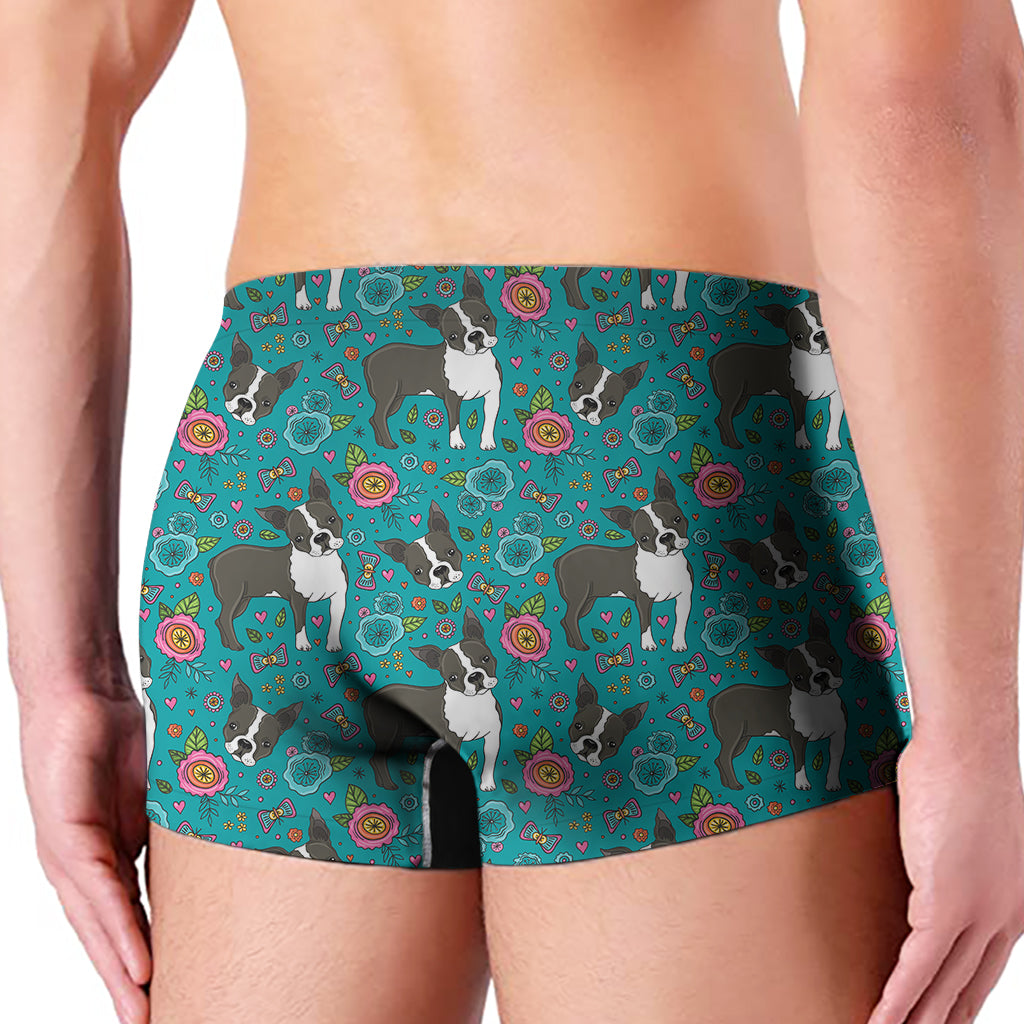 Cartoon Boston Terrier Flower Print Men's Boxer Briefs