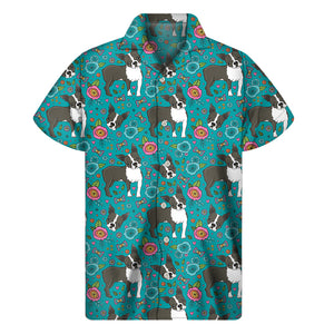 Cartoon Boston Terrier Flower Print Men's Short Sleeve Shirt