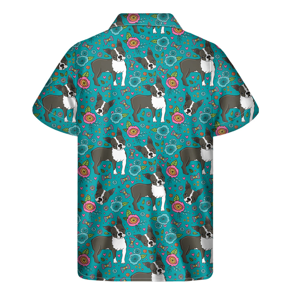 Cartoon Boston Terrier Flower Print Men's Short Sleeve Shirt