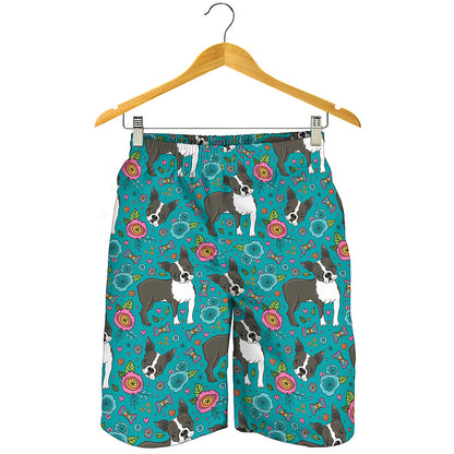 Cartoon Boston Terrier Flower Print Men's Shorts