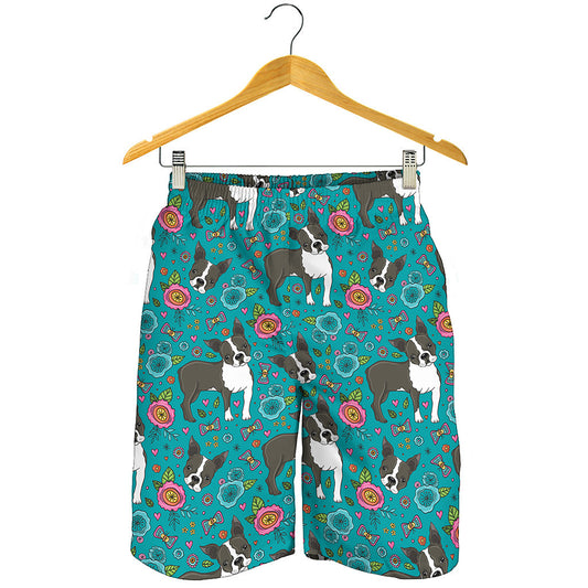 Cartoon Boston Terrier Flower Print Men's Shorts