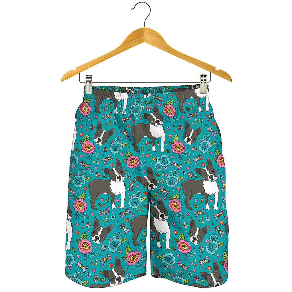 Cartoon Boston Terrier Flower Print Men's Shorts