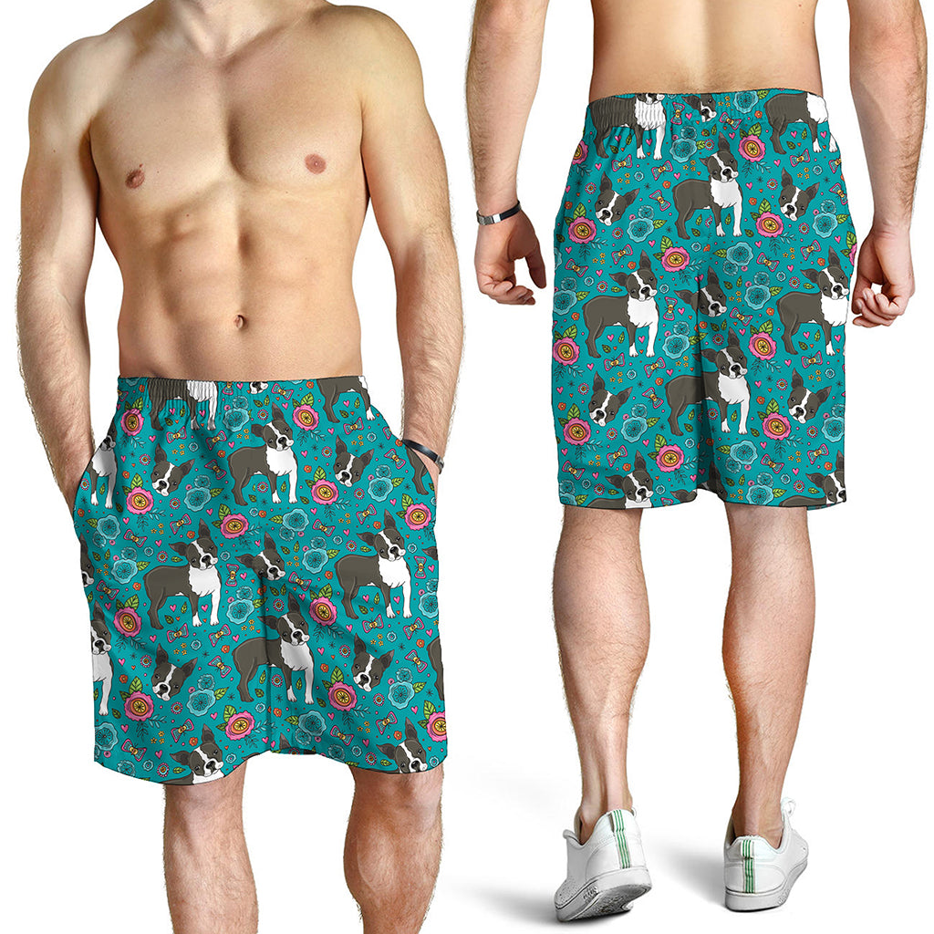 Cartoon Boston Terrier Flower Print Men's Shorts