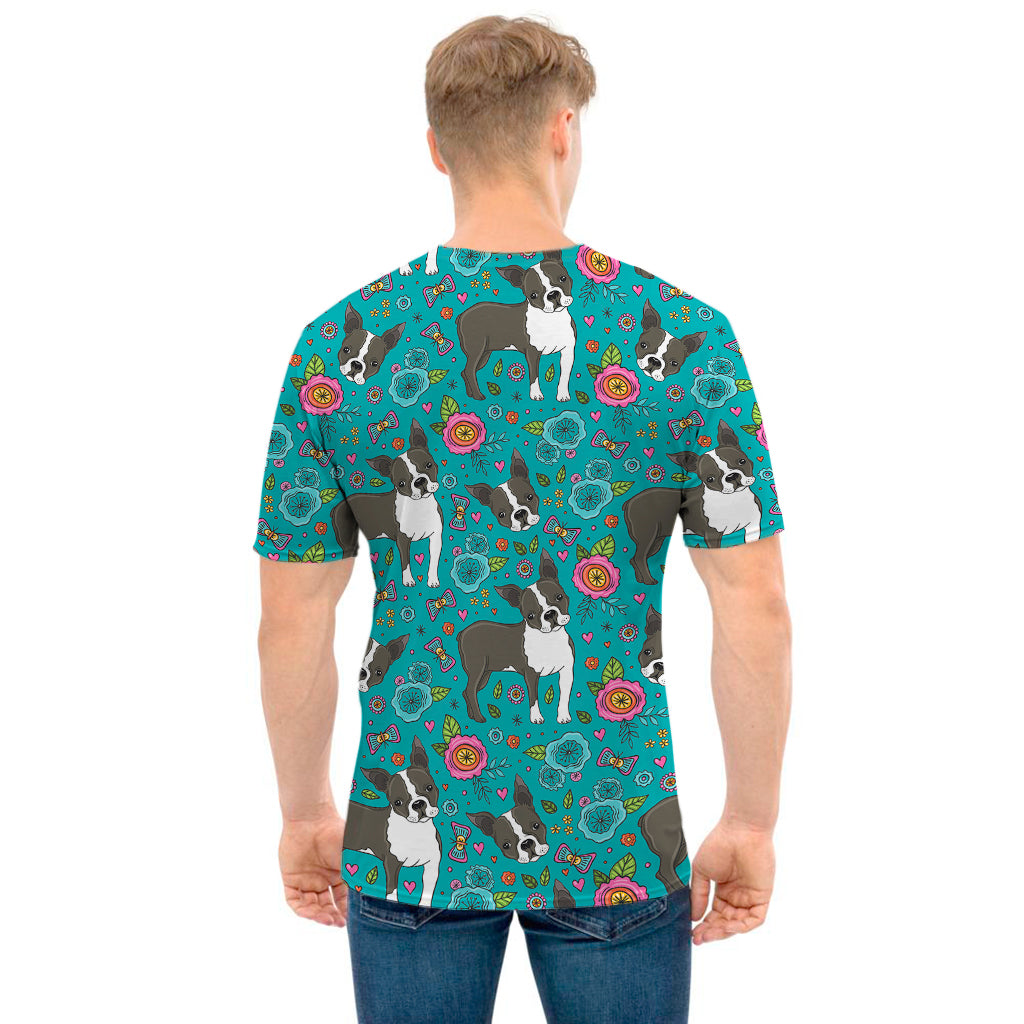 Cartoon Boston Terrier Flower Print Men's T-Shirt