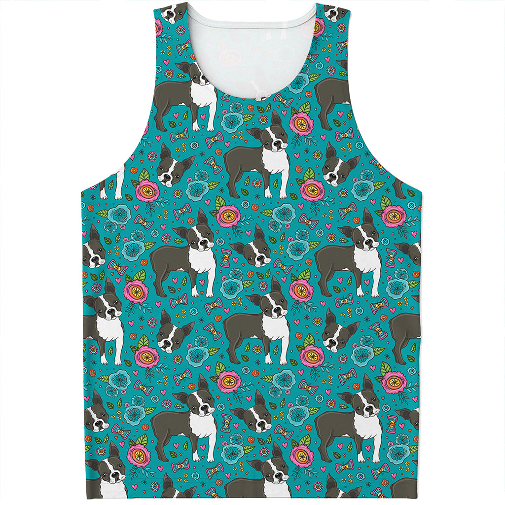 Cartoon Boston Terrier Flower Print Men's Tank Top