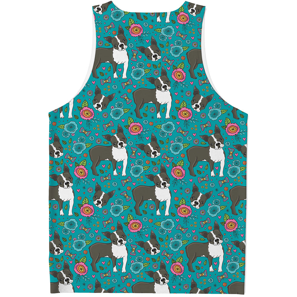 Cartoon Boston Terrier Flower Print Men's Tank Top