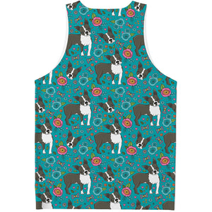 Cartoon Boston Terrier Flower Print Men's Tank Top