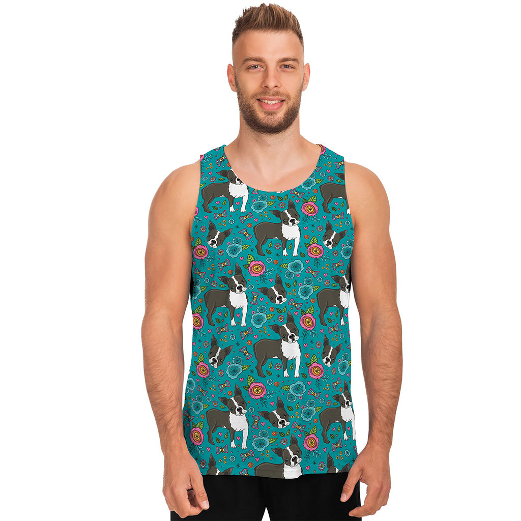 Cartoon Boston Terrier Flower Print Men's Tank Top