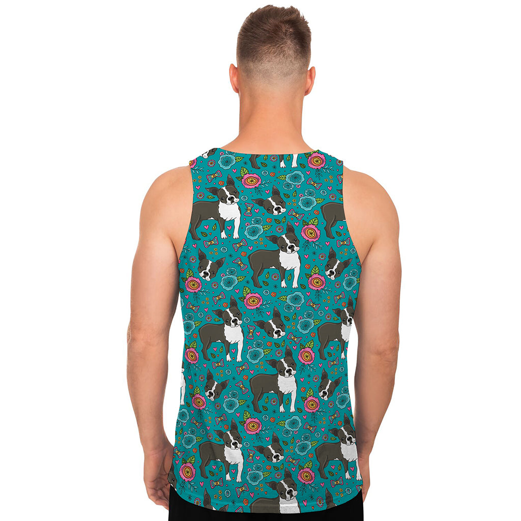 Cartoon Boston Terrier Flower Print Men's Tank Top