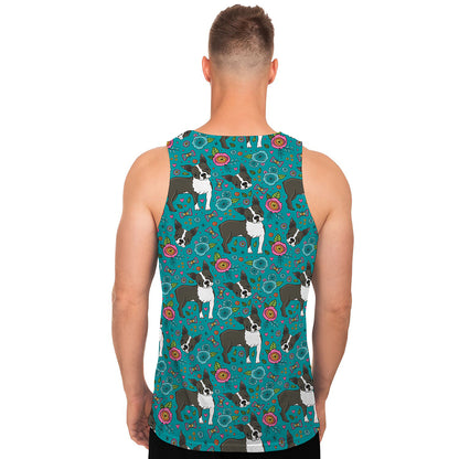 Cartoon Boston Terrier Flower Print Men's Tank Top