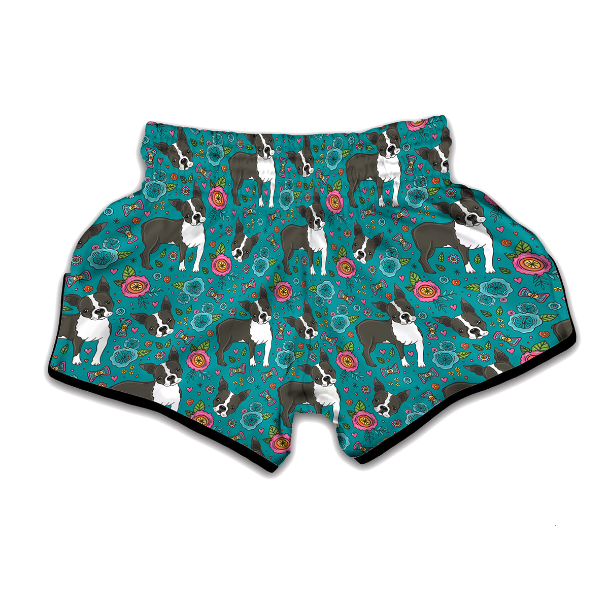 Cartoon Boston Terrier Flower Print Muay Thai Boxing Shorts