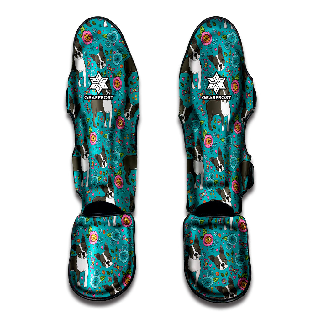 Cartoon Boston Terrier Flower Print Muay Thai Shin Guard