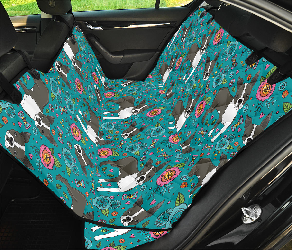 Cartoon Boston Terrier Flower Print Pet Car Back Seat Cover