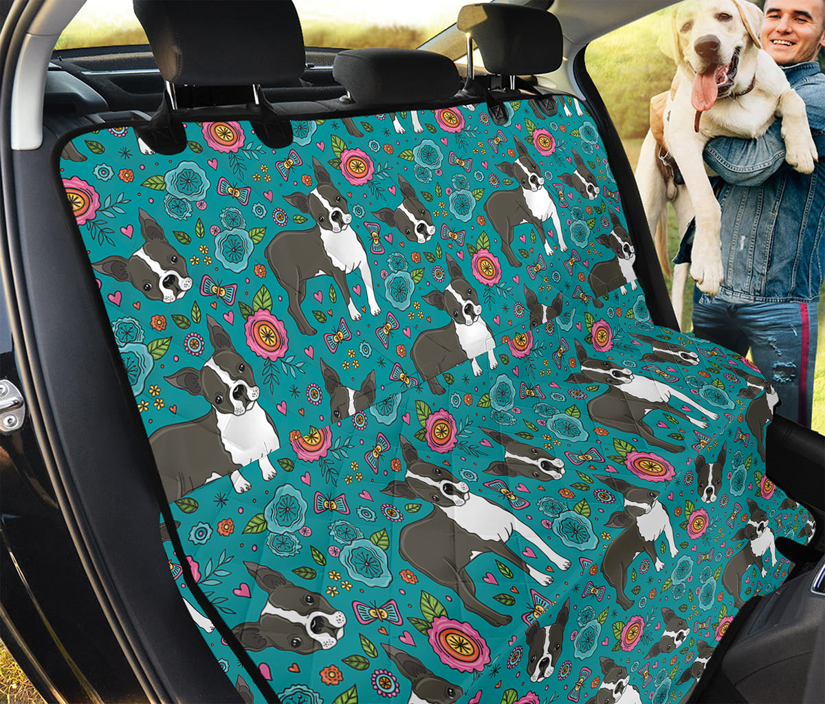 Cartoon Boston Terrier Flower Print Pet Car Back Seat Cover