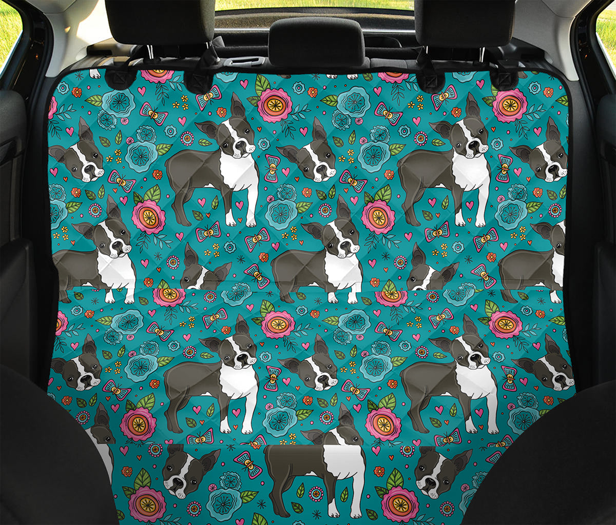 Cartoon Boston Terrier Flower Print Pet Car Back Seat Cover