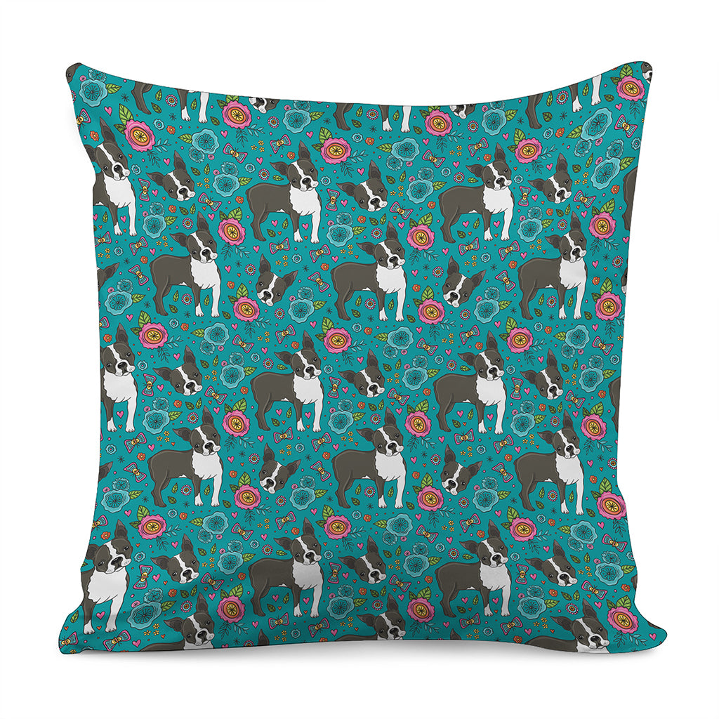 Cartoon Boston Terrier Flower Print Pillow Cover