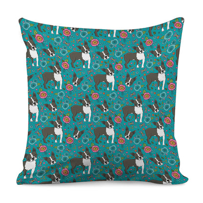 Cartoon Boston Terrier Flower Print Pillow Cover