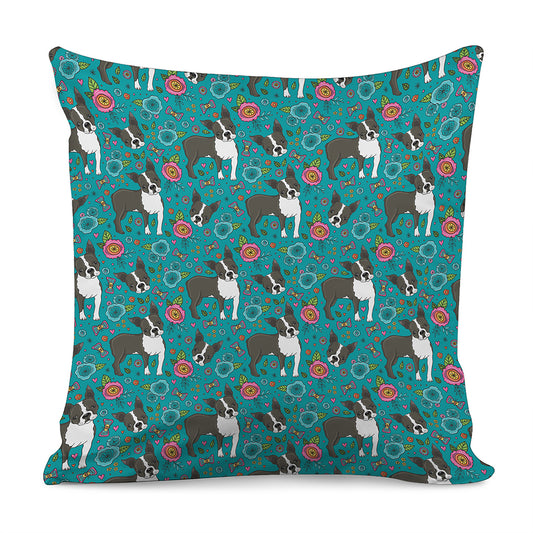 Cartoon Boston Terrier Flower Print Pillow Cover