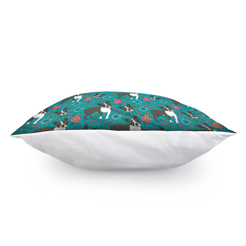 Cartoon Boston Terrier Flower Print Pillow Cover