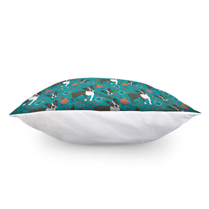 Cartoon Boston Terrier Flower Print Pillow Cover
