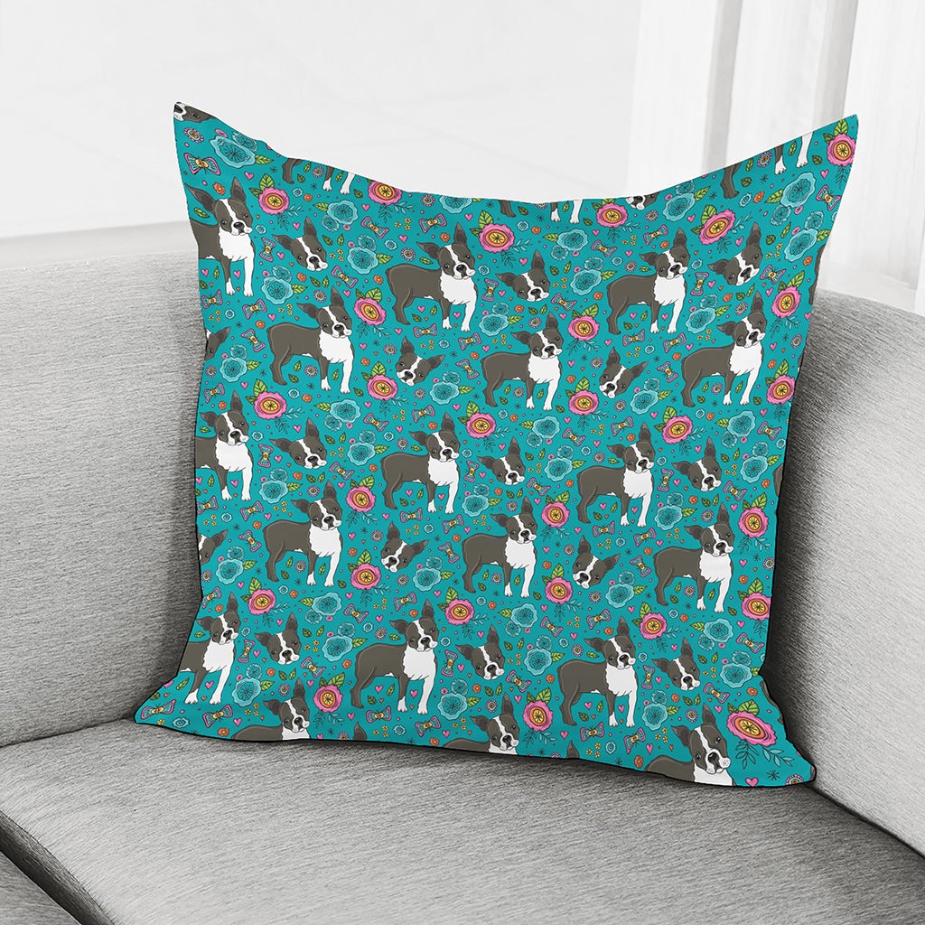 Cartoon Boston Terrier Flower Print Pillow Cover