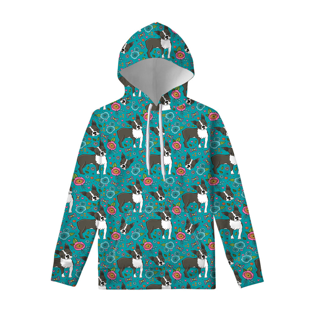 Cartoon Boston Terrier Flower Print Pullover Hoodie