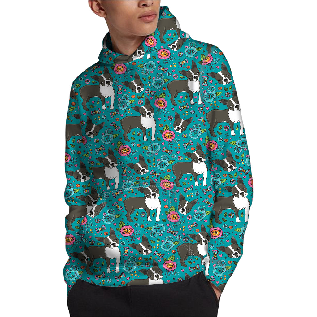 Cartoon Boston Terrier Flower Print Pullover Hoodie