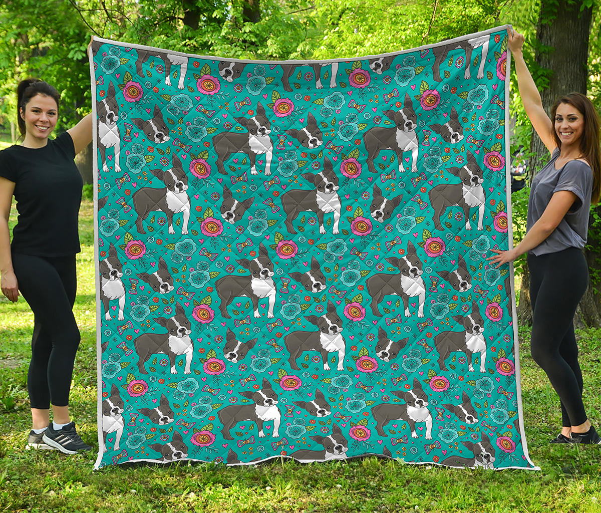 Cartoon Boston Terrier Flower Print Quilt