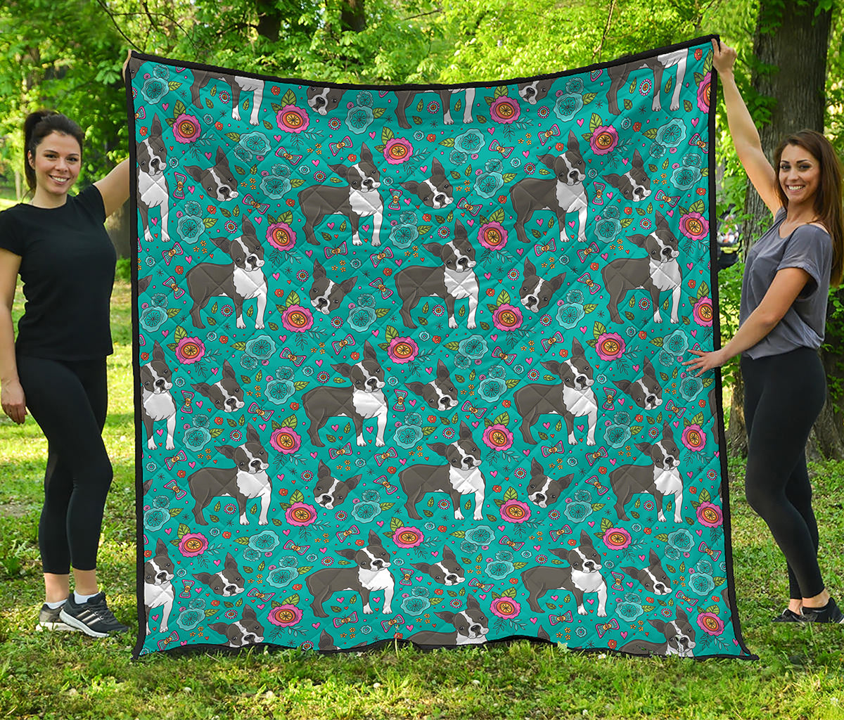 Cartoon Boston Terrier Flower Print Quilt