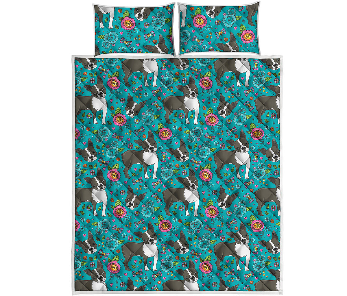 Cartoon Boston Terrier Flower Print Quilt Bed Set