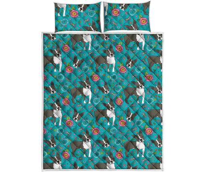 Cartoon Boston Terrier Flower Print Quilt Bed Set