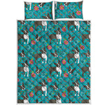 Cartoon Boston Terrier Flower Print Quilt Bed Set