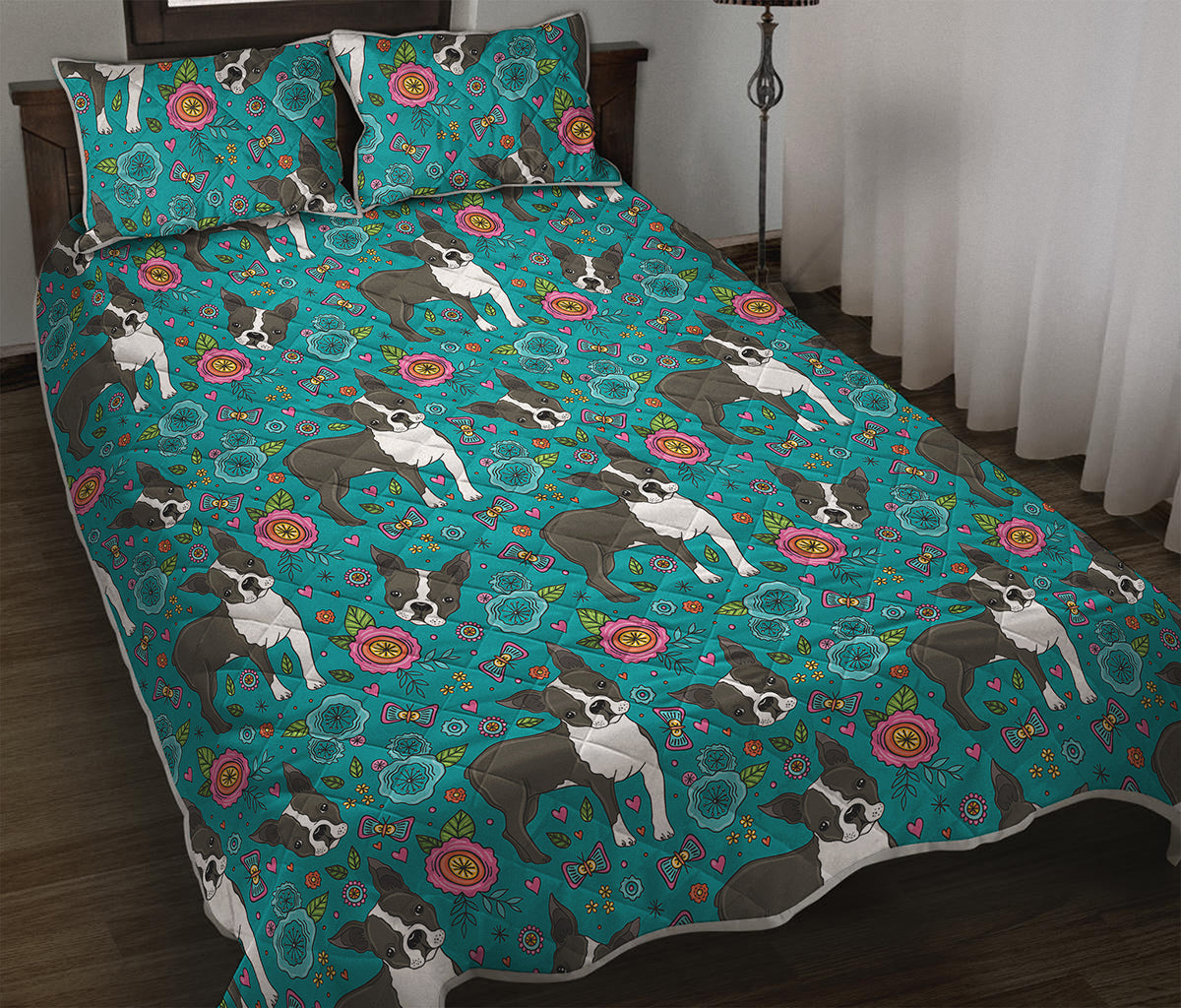Cartoon Boston Terrier Flower Print Quilt Bed Set