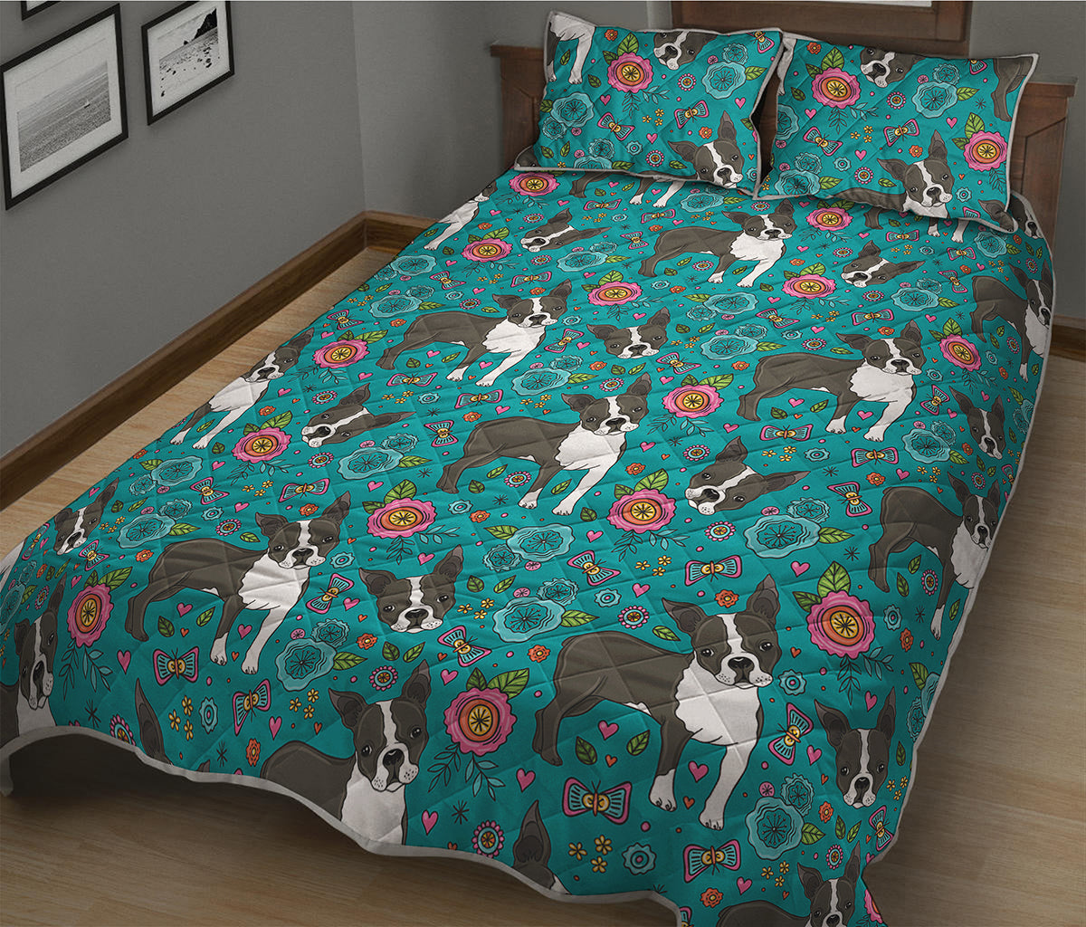 Cartoon Boston Terrier Flower Print Quilt Bed Set