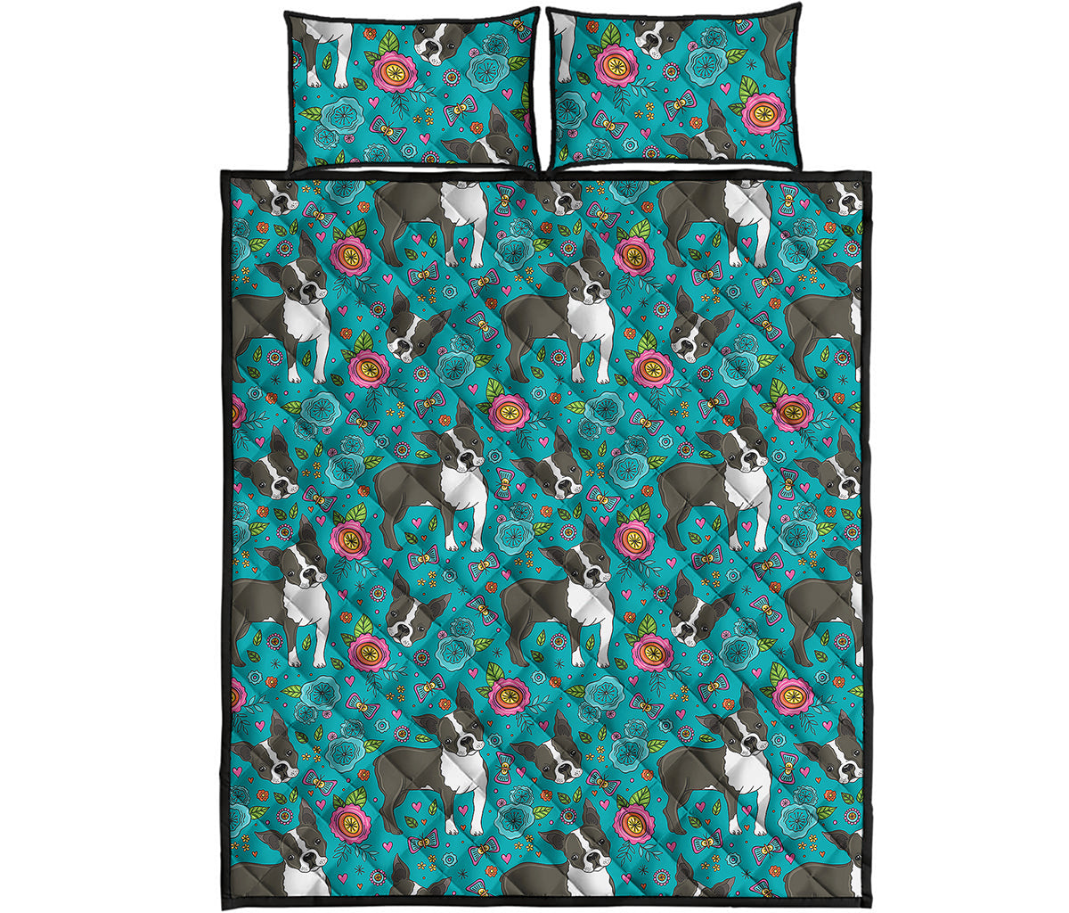 Cartoon Boston Terrier Flower Print Quilt Bed Set