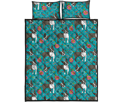Cartoon Boston Terrier Flower Print Quilt Bed Set