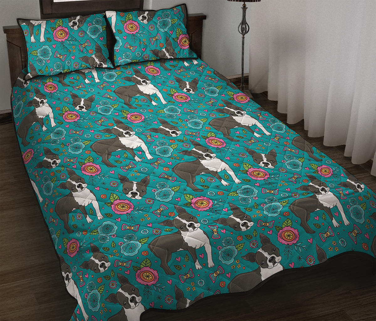 Cartoon Boston Terrier Flower Print Quilt Bed Set